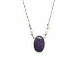 View of Blue Goldstone Necklace - Oval Cabochon with 2 Freshwater Pearls on Simple 925 Sterling Silver Box Chain