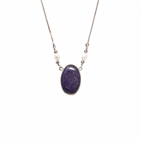 View of Blue Goldstone Necklace - Oval Cabochon with 2 Freshwater Pearls on Simple 925 Sterling Silver Box Chain