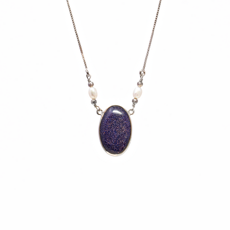 View of Blue Goldstone Necklace - Oval Cabochon with 2 Freshwater Pearls on Simple 925 Sterling Silver Box Chain