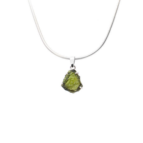 View of Moldavite Pendant - Freeform Prong Set with 925 Sterling Silver - Rounded Shape