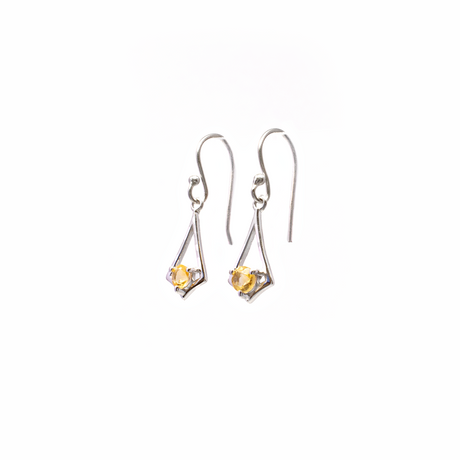 View of Faceted Citrine Dangle Earrings - Round Prong Set On Delicate 925 Sterling Silver Open Tapered Kite