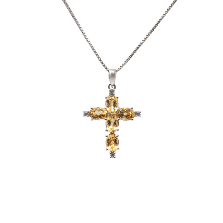 View of Faceted Citrine Necklace - Cross Pendant with 5 Ovals Prong Set with 925 Sterling Silver on Box Chain