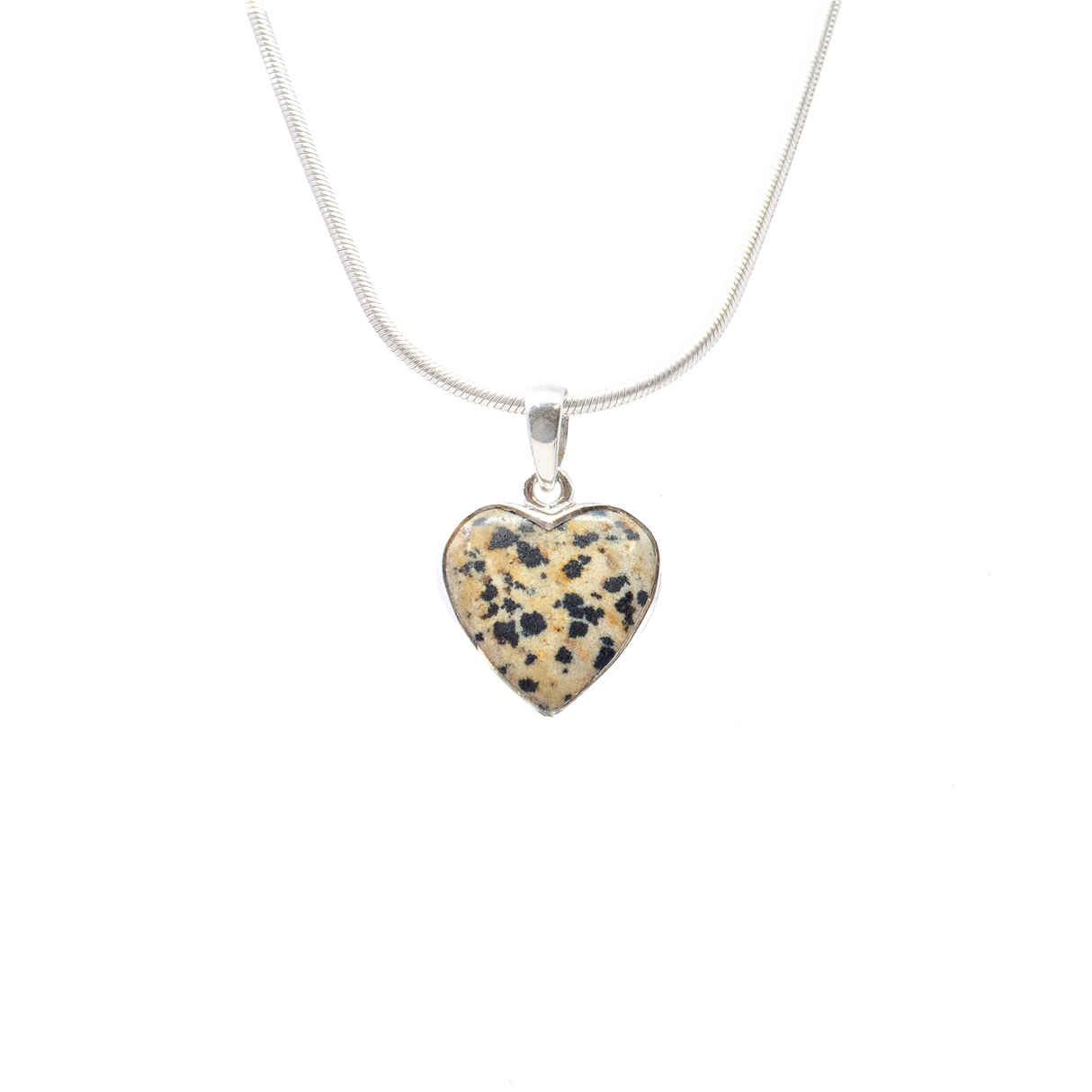 View of Dalmatian Jasper Pendant - Heart Cabochon with Simple 925 Sterling Silver Bezel