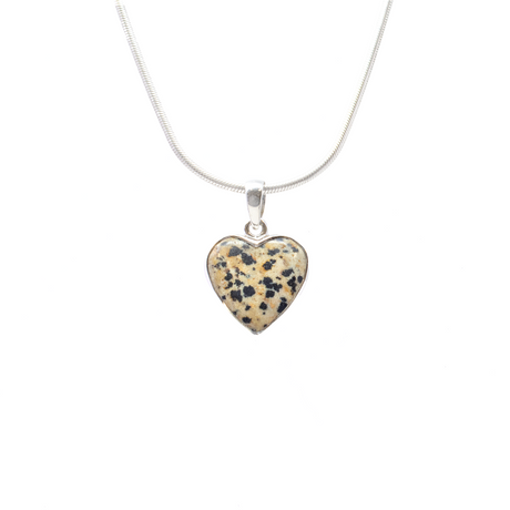 View of Dalmatian Jasper Pendant - Heart Cabochon with Simple 925 Sterling Silver Bezel