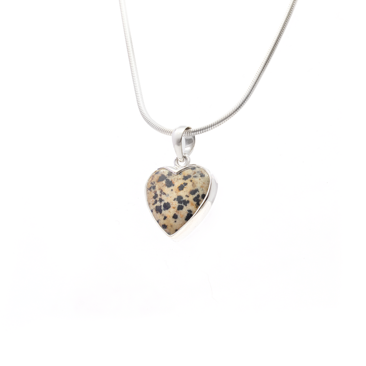 Dalmatian Jasper Pendant - Heart Cabochon with Simple 925 Sterling Silver Bezel