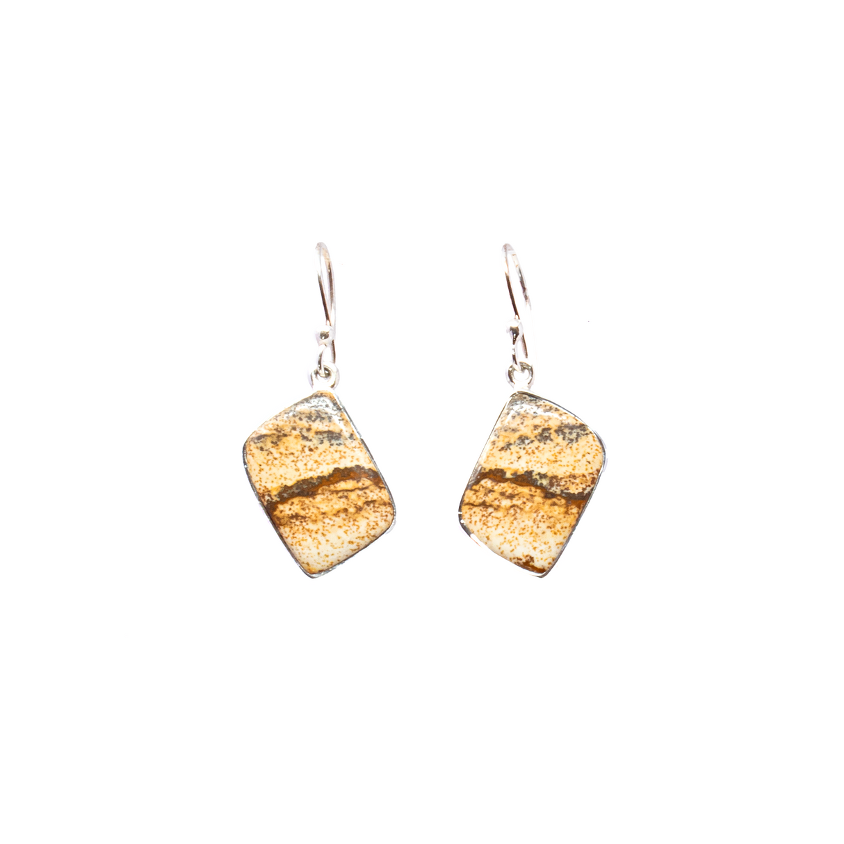 View of Picture Jasper Dangle Earrings - Diamond Set Square Cabochon with Simple 925 Sterling Silver Bezel