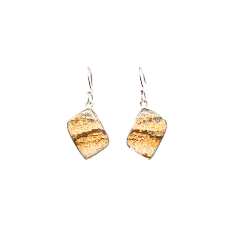 View of Picture Jasper Dangle Earrings - Diamond Set Square Cabochon with Simple 925 Sterling Silver Bezel