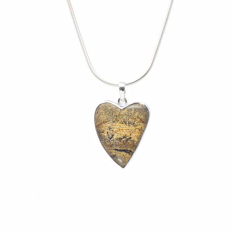 View of Paint Brush Jasper Pendant - Elongated Heart Cabochon with Simple 925 Sterling Silver Bezel