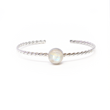 Rainbow Moonstone Cuff Bracelet - Round Cabochon Bezel Set on 925 Sterling Silver Rope Band