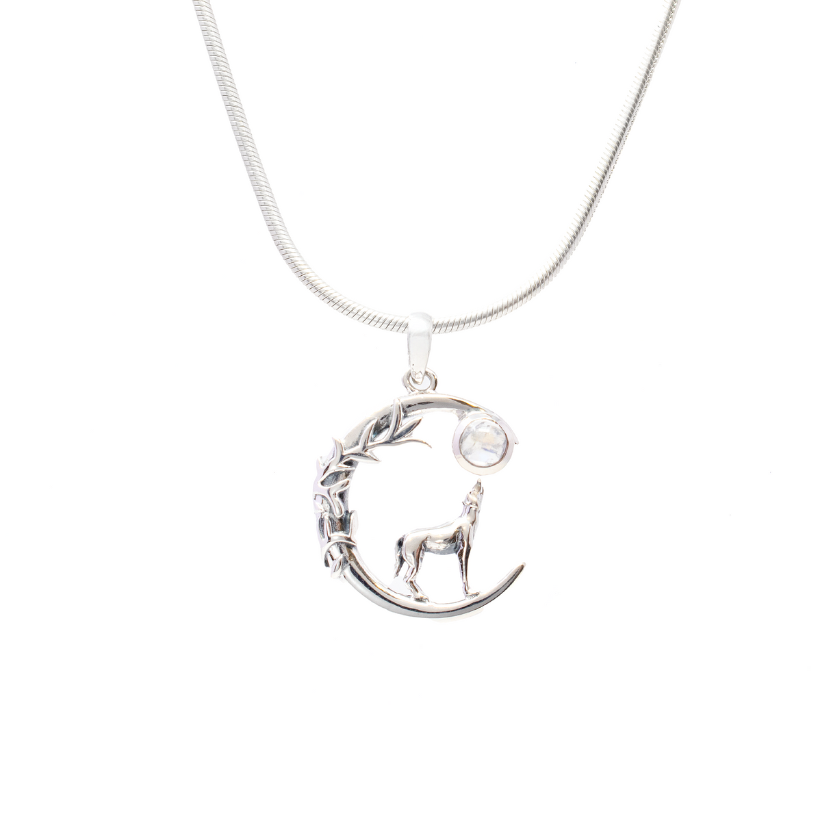 View of Rainbow Moonstone Pendant - Round Cabochon Set on 925 Sterling Silver Moon with Vines & Howling Wolf