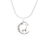 View of Rainbow Moonstone Pendant - Round Cabochon Set on 925 Sterling Silver Moon with Vines & Howling Wolf
