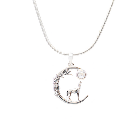 View of Rainbow Moonstone Pendant - Round Cabochon Set on 925 Sterling Silver Moon with Vines & Howling Wolf