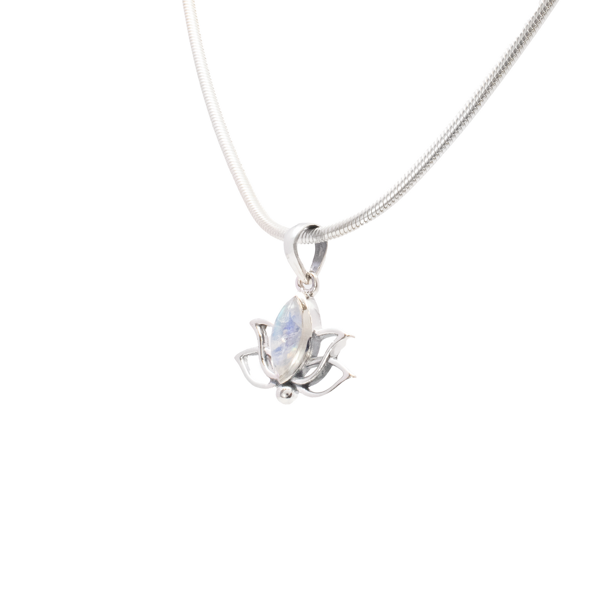 Rainbow Moonstone Pendant - Sharp Oval Cabochon Set in 925 Sterling Silver Lotus Flower