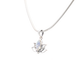 Rainbow Moonstone Pendant - Sharp Oval Cabochon Set in 925 Sterling Silver Lotus Flower