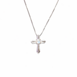 View of Rainbow Moonstone Necklace - Chunky 925 Sterling Silver Cross with Round in Center Set on Box Chain