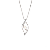 View of Rainbow Moonstone Necklace - Faceted Round Prong Set on Delicate Leaf on 925 Sterling Silver Box Chain