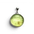 Rare Earth Gallery round green amber cabochon pendant set in a simple 925 sterling silver bezel.