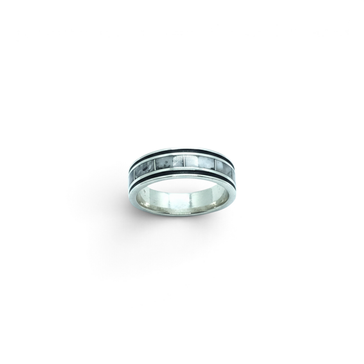 Rare Earth Gallery sterling silver ring featuring a rectangle infinity inlay of white Howlite with oxidized edges.