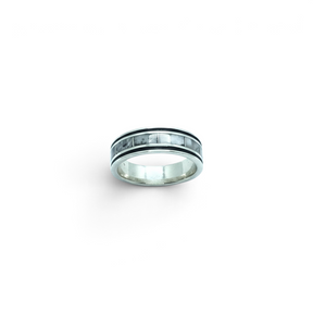 Rare Earth Gallery sterling silver ring featuring a rectangle infinity inlay of white Howlite with oxidized edges.
