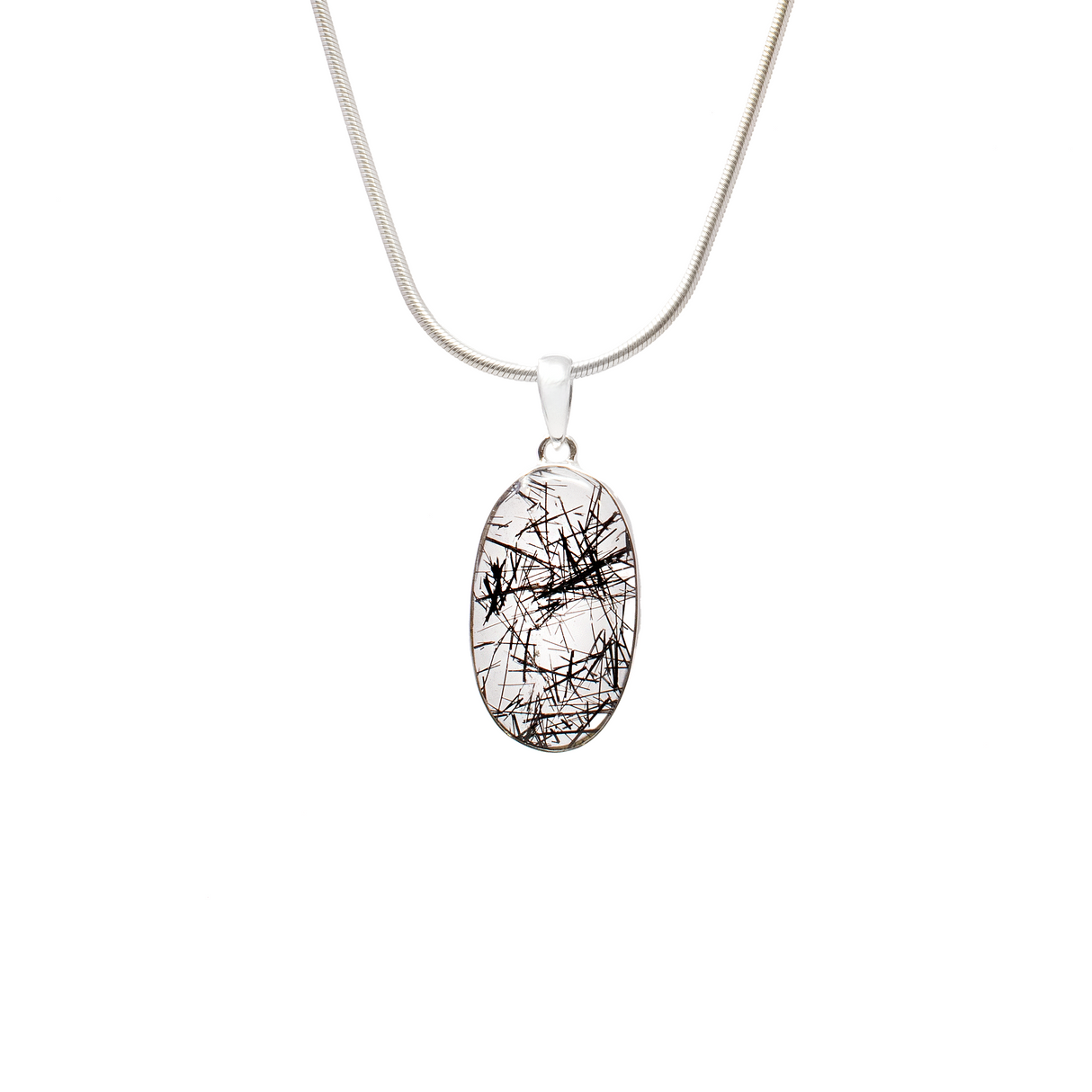 View of Black Tourmaline Rutile Pendant - Classic Oval Cabochon with Simple 925 Sterling Silver Bezel - High Clarity with Dense Rutilation