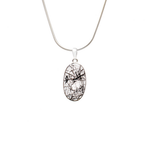 View of Black Tourmaline Rutile Pendant - Classic Oval Cabochon with Simple 925 Sterling Silver Bezel - High Clarity with Dense Rutilation