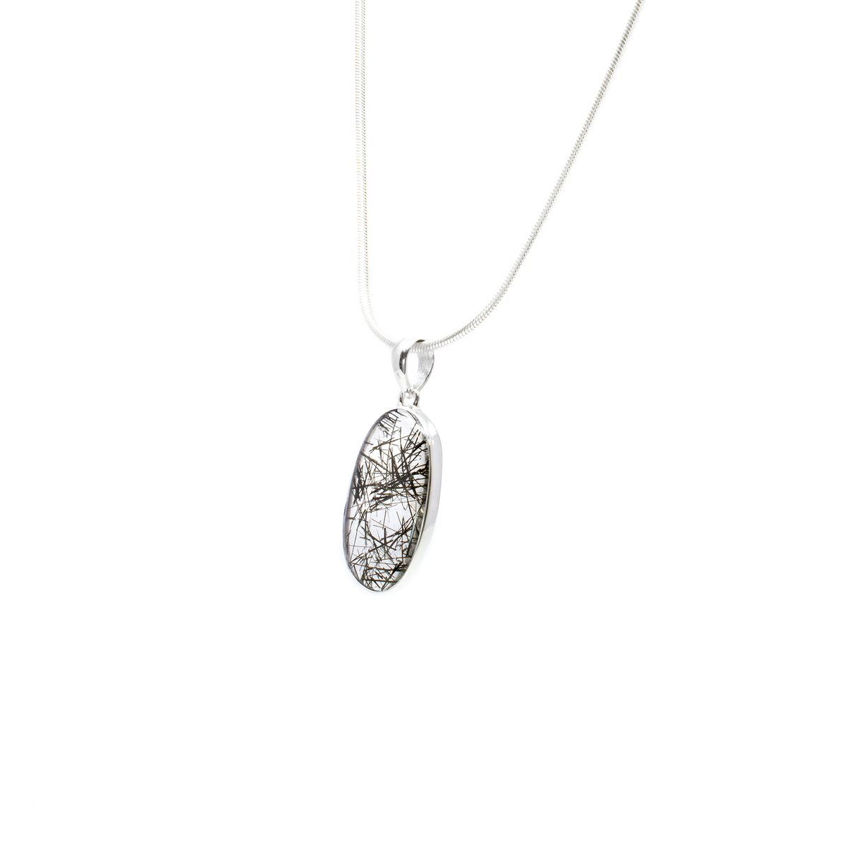 Black Tourmaline Rutile Pendant - Classic Oval Cabochon with Simple 925 Sterling Silver Bezel - High Clarity with Dense Rutilation
