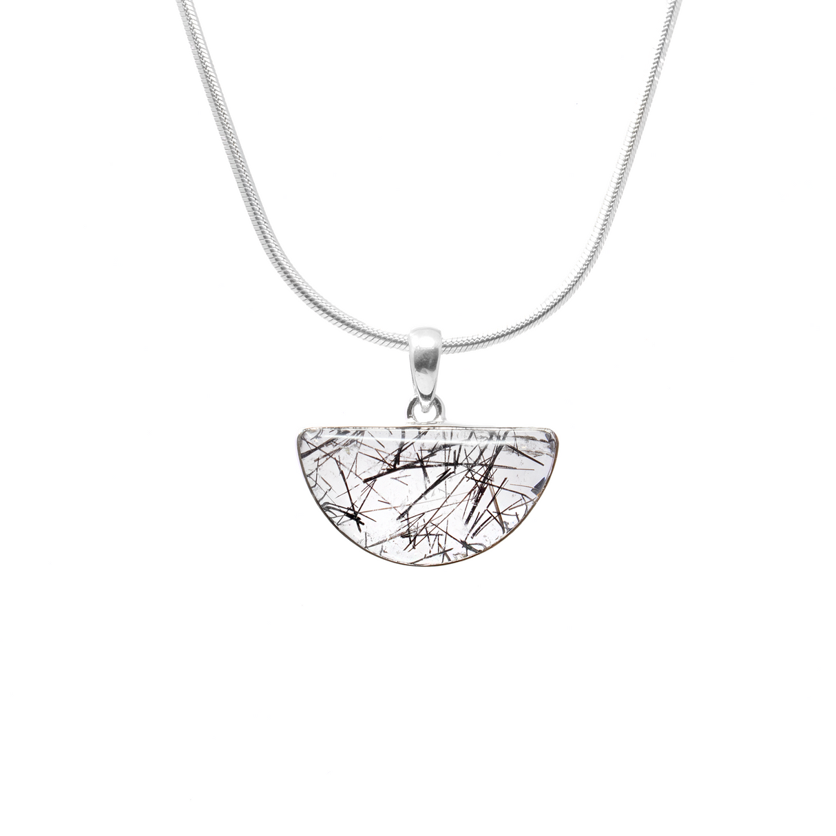 View of Black Tourmaline Rutile Pendant - Half Circle Cabochon with Simple 925 Sterling Silver Bezel