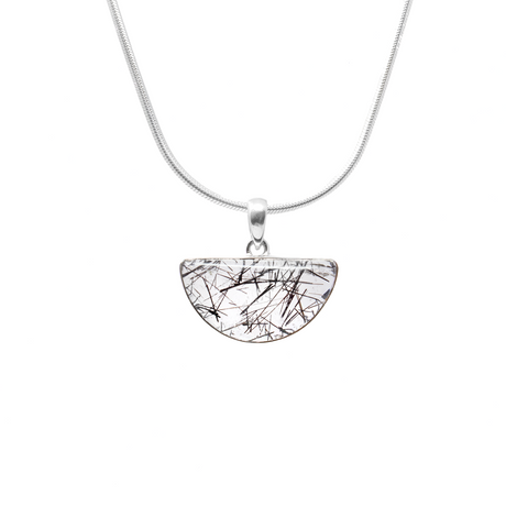View of Black Tourmaline Rutile Pendant - Half Circle Cabochon with Simple 925 Sterling Silver Bezel