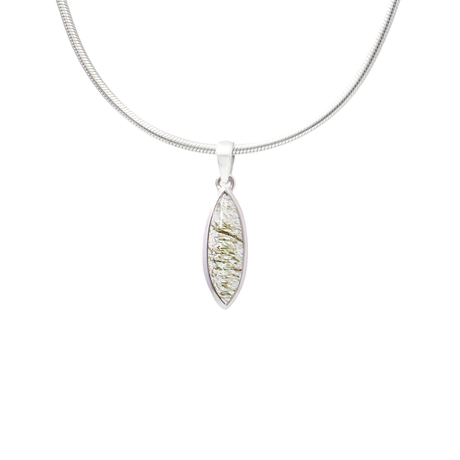 View of Green Rutile Pendant - Narrow Sharp Oval Cabochon with 925 Sterling Silver Bezel