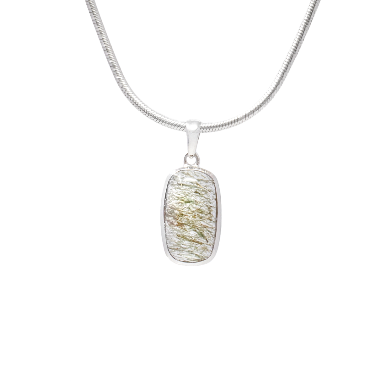 View of Green Rutile Pendant - Rectangle Cabochon with 925 Sterling Silver Bezel