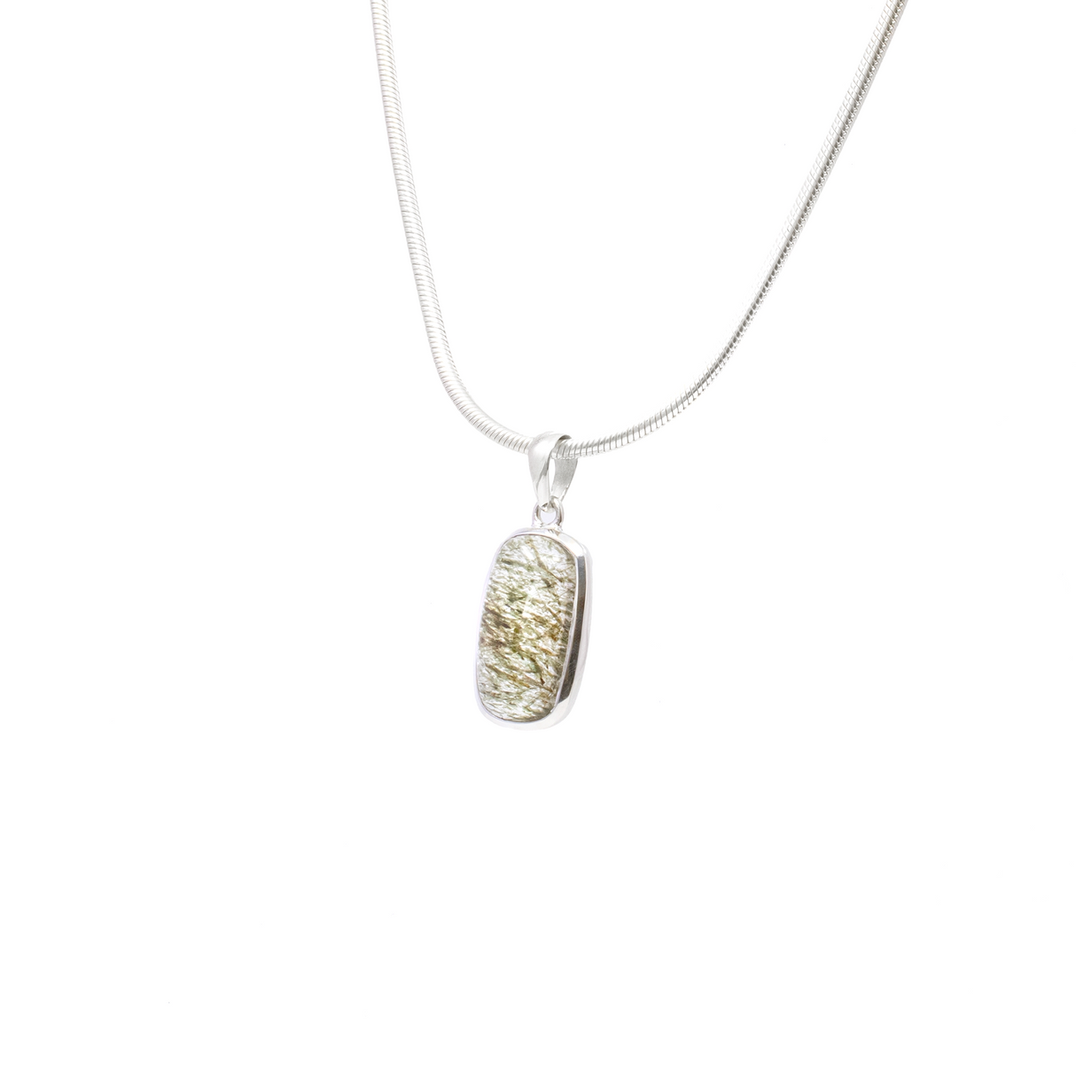 Green Rutile Pendant - Rectangle Cabochon with 925 Sterling Silver Bezel