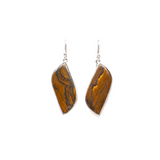 View of Iron Tigers Eye Dangle Earrings - Simple S-Shaped Cabochon with 925 Sterling Silver Bezel