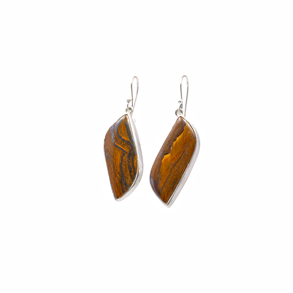 Iron Tigers Eye Dangle Earrings - Simple S-Shaped Cabochon with 925 Sterling Silver Bezel