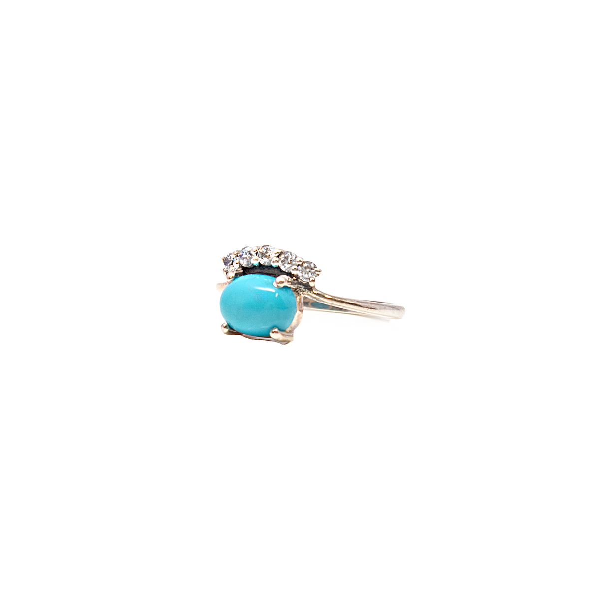Turquoise Ring - Oval Cabochon Prong Set with White Czs on 925 Sterling Silver Vert Band sz8