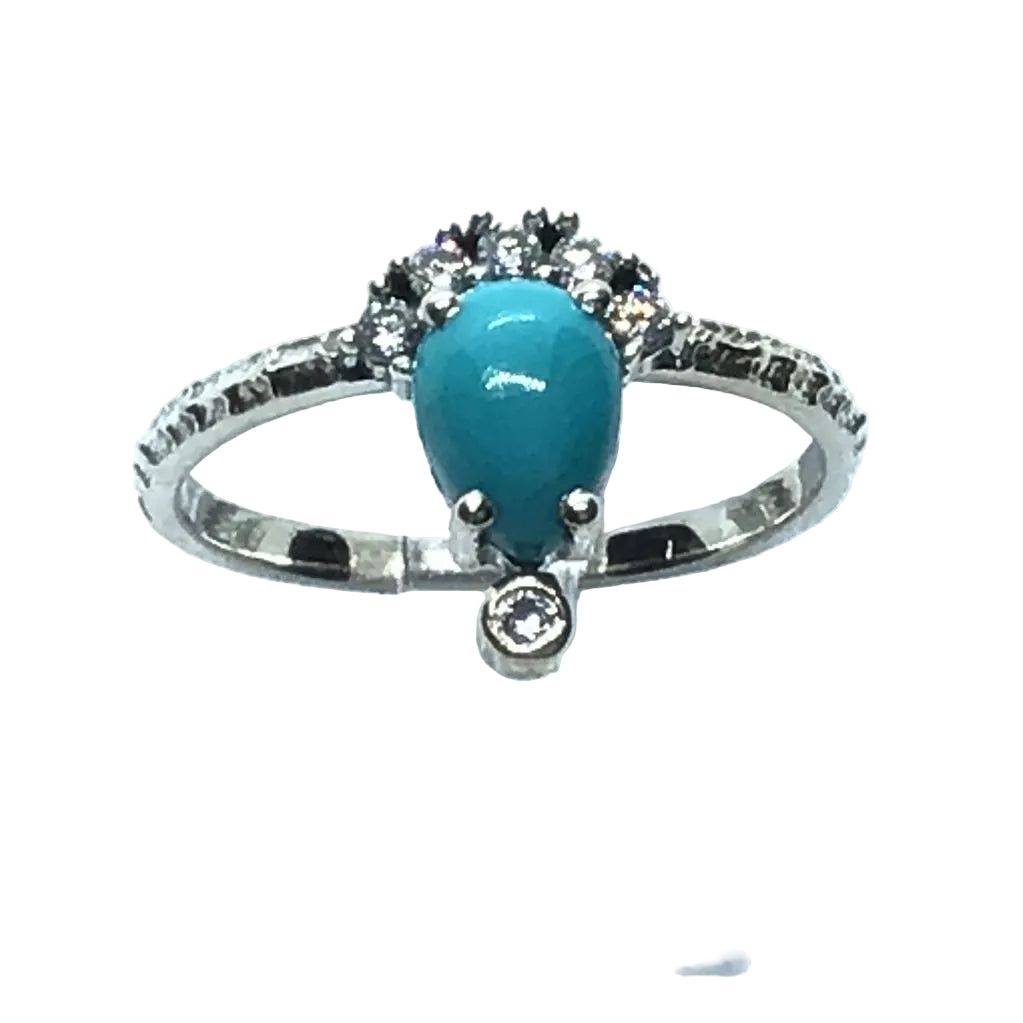 View of Turquoise Ring - Pear Cabochon Prong Set with White Czs on 925 Sterling Silver Stamped Band sz6