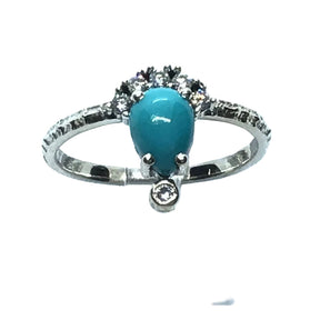 View of Turquoise Ring - Pear Cabochon Prong Set with White Czs on 925 Sterling Silver Stamped Band sz6