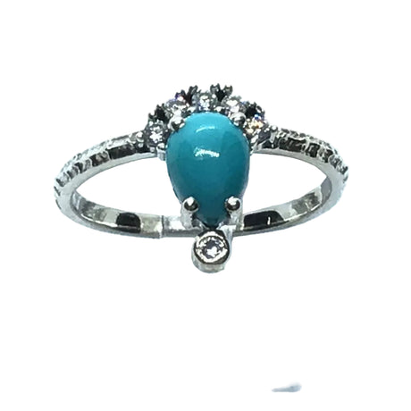 View of Turquoise Ring - Pear Cabochon Prong Set with White Czs on 925 Sterling Silver Stamped Band sz6