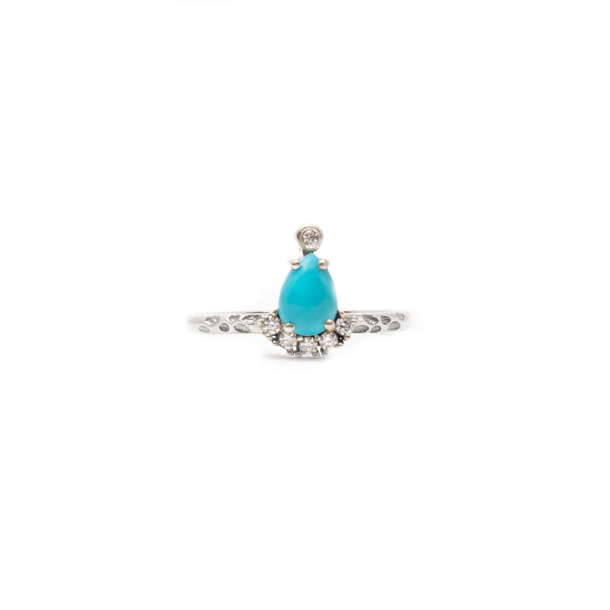 Turquoise Ring - Pear Cabochon Prong Set with White Czs on 925 Sterling Silver Stamped Band sz8
