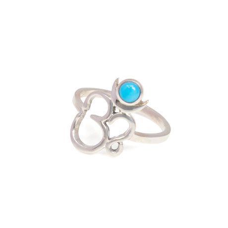 View of Turquoise Ring - Dainty Round Cabochon Bezel Set with 925 Sterling Silver OM Symbol sz5