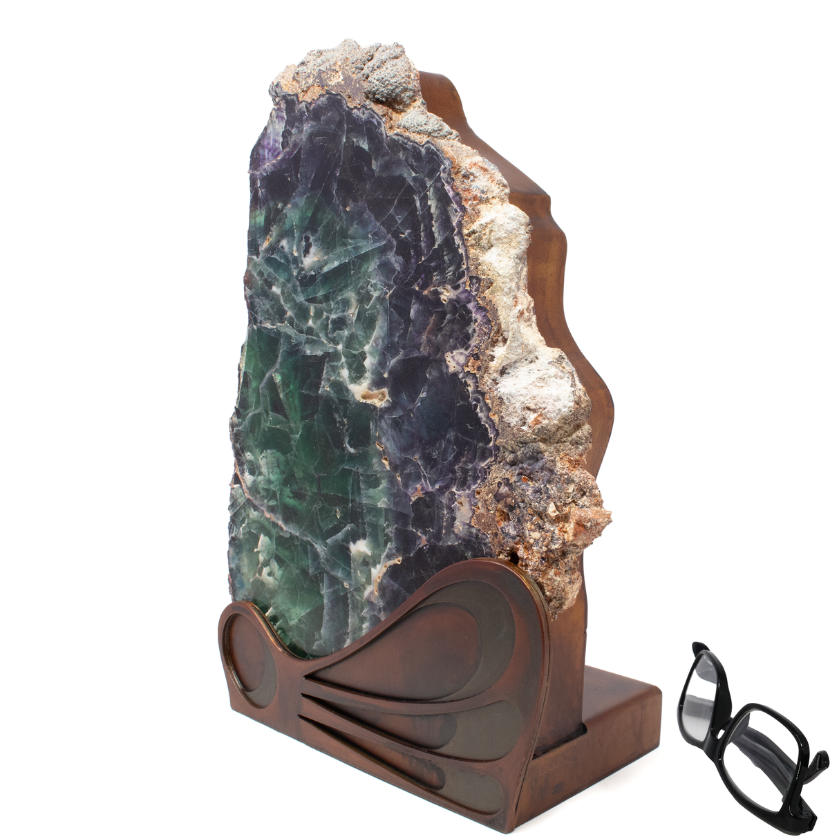 Rainbow Fluorite Slice Table Lamp with Caliche Exterior on Wave Design Stand