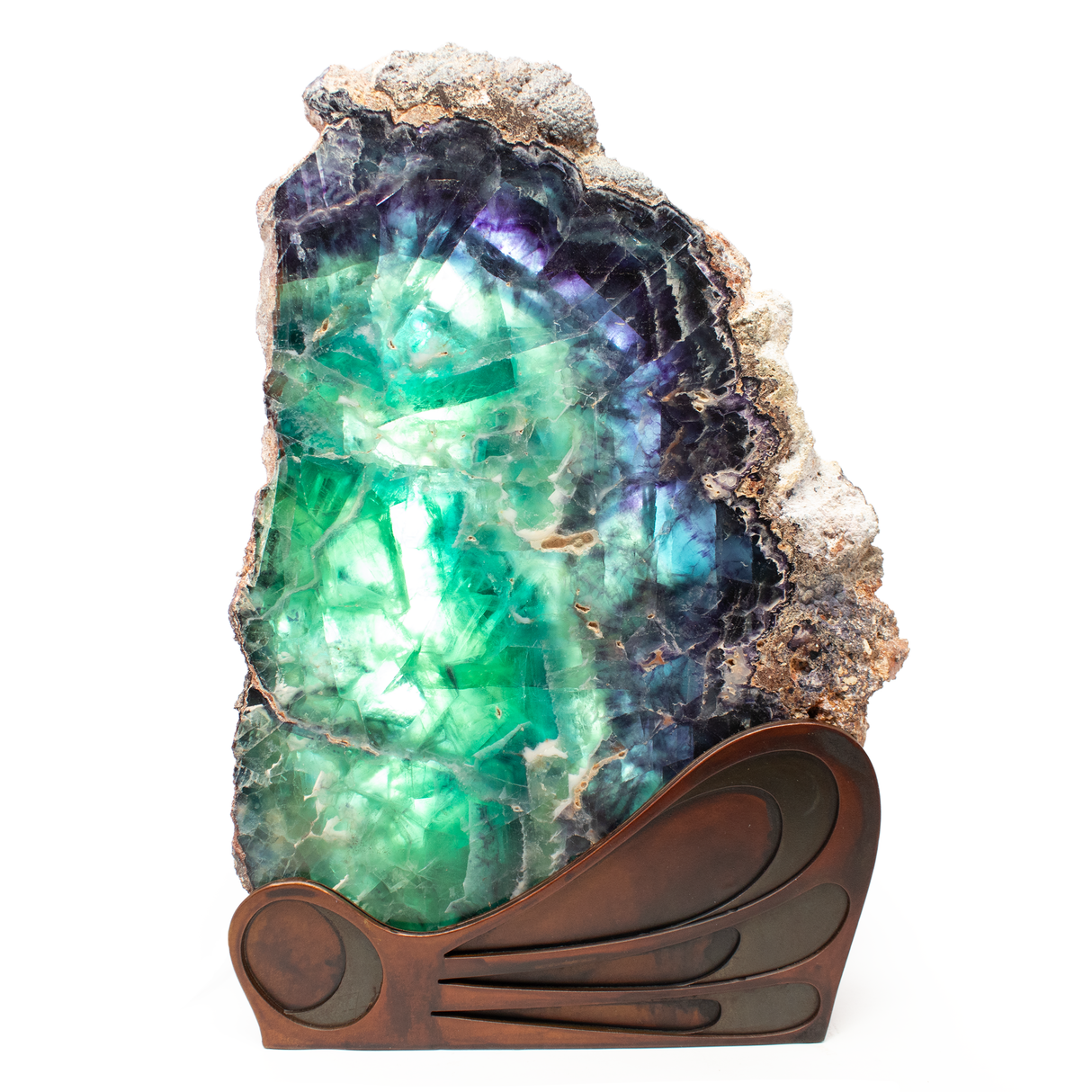 View of Rainbow Fluorite Slice Table Lamp with Caliche Exterior on Wave Design Stand