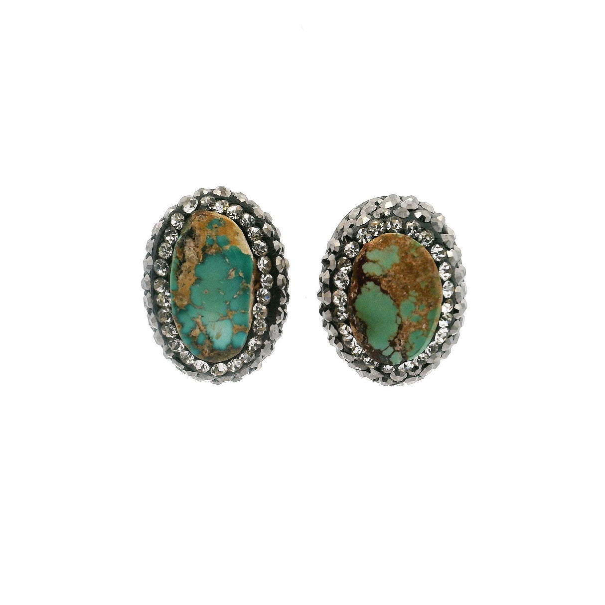 Persian Turquoise Earrings - Mint Green & Tan Oval Surrounded by Rows of Silver Swarovski Crystals & Marcasite in 925 Sterling Silver