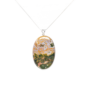 View of Ocean Jasper Pendant - Large Oval Cabochon with Simple 925 Sterling Silver Bezel & Deep Green Hues with Golden Ochre Orbiculars & Pink Veining 3\"+
