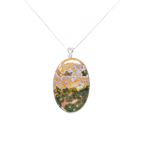 View of Ocean Jasper Pendant - Large Oval Cabochon with Simple 925 Sterling Silver Bezel & Deep Green Hues with Golden Ochre Orbiculars & Pink Veining 3\"+