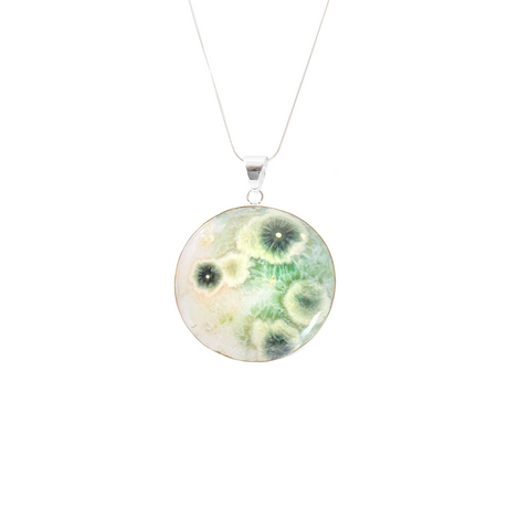 View of Ocean Jasper Pendant - Round Cabochon with Simple 925 Sterling Silver Bezel & Vibrant Green Flower Bursts with Sage Green Edges 2\"