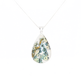 View of Ocean Jasper Pendant - Large Pear Cabochon with Simple 925 Sterling Silver Bezel - Dark Green & White Hues with Ochre Orbiculars & Sage Flower Bursts 3\"+
