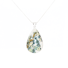 View of Ocean Jasper Pendant - Large Pear Cabochon with Simple 925 Sterling Silver Bezel - Dark Green & White Hues with Ochre Orbiculars & Sage Flower Bursts 3\"+