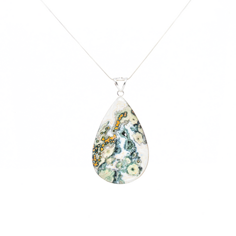 View of Ocean Jasper Pendant - Large Pear Cabochon with Simple 925 Sterling Silver Bezel - Dark Green & White Hues with Ochre Orbiculars & Sage Flower Bursts 3\"+