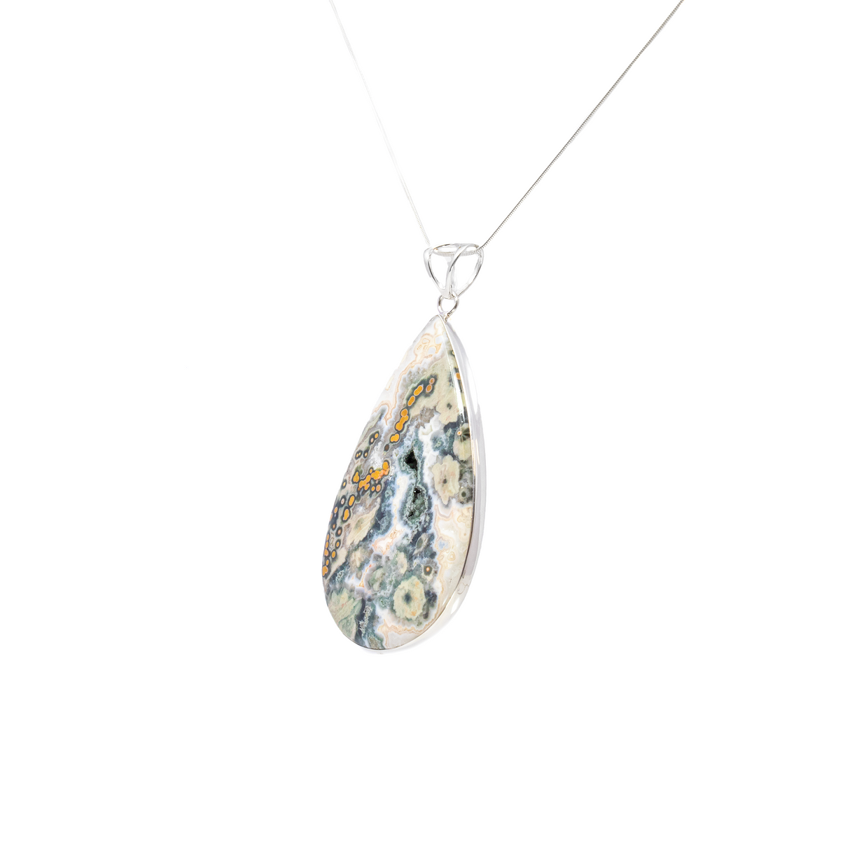 Ocean Jasper Pendant - Large Pear Cabochon with Simple 925 Sterling Silver Bezel - Dark Green & White Hues with Ochre Orbiculars & Sage Flower Bursts 3"+