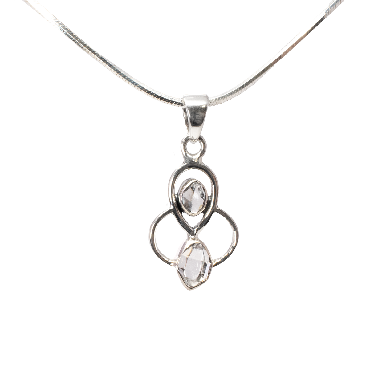 View of Herkimer Diamond Pendant - 2 Nuggets Set in 925 Sterling Silver Bezels on Open Tri-Circles